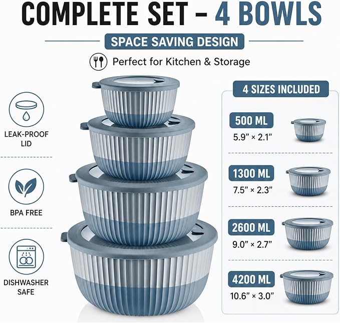 Mixing Bowls with Lids, 8-Piece Airtight Leak-Proof Nesting BPA-Free Bowl Set - Image 5