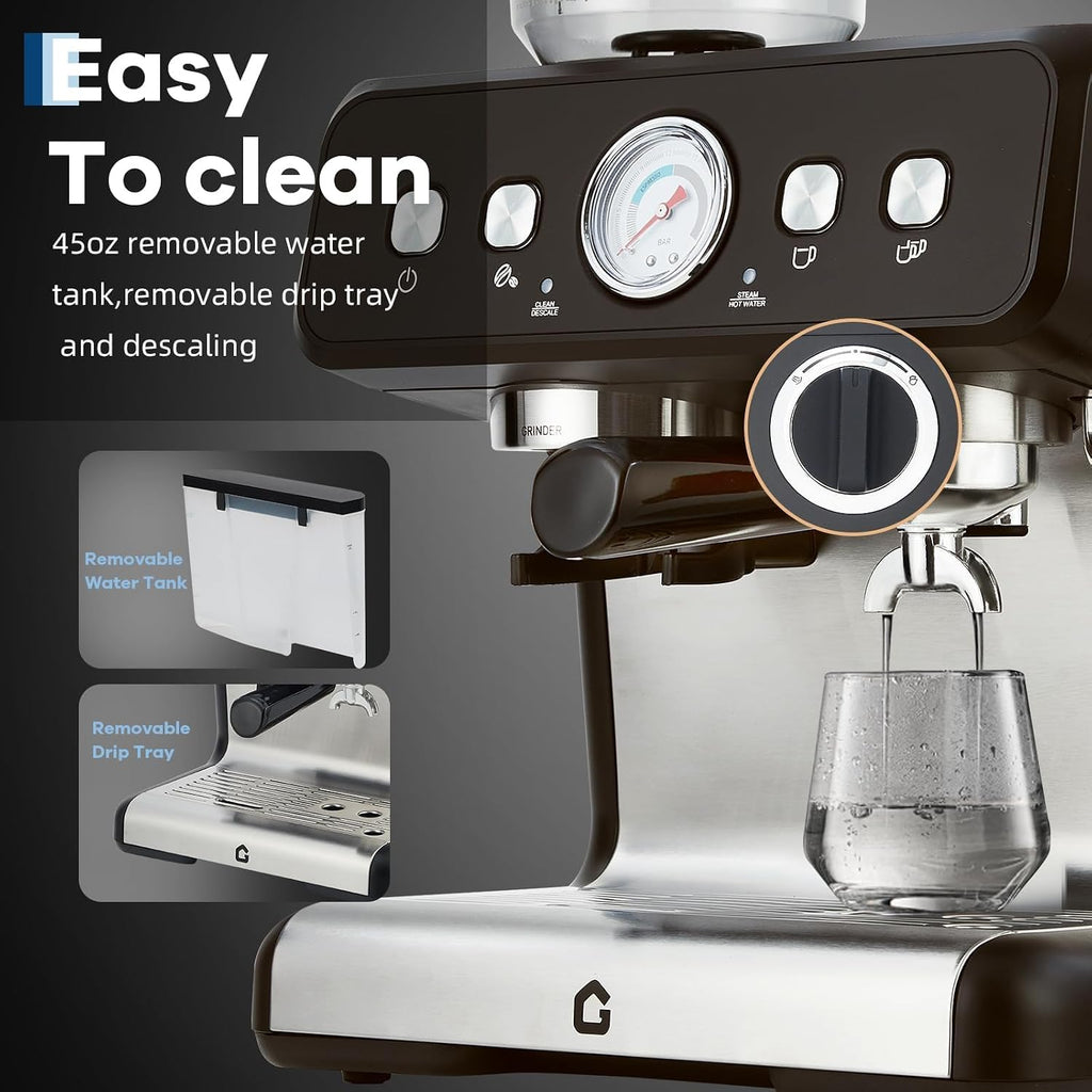 20 Bar Machine with Built-in Grinder, 1400W Steam Frother, 30 Grind