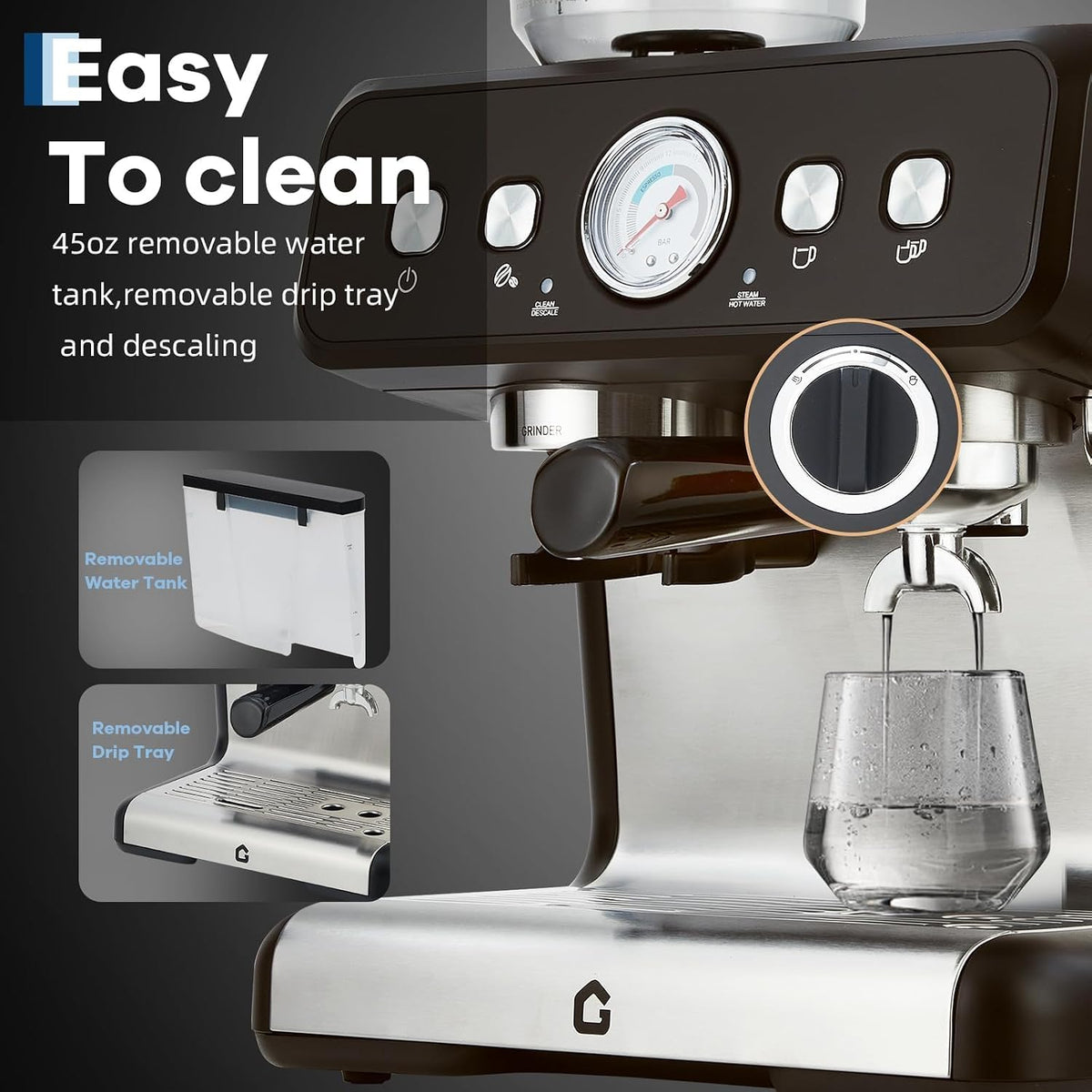 20 Bar Machine with Built-in Grinder, 1400W Steam Frother, 30 Grind