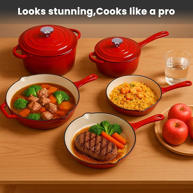 QuliMetal Nonstick Enameled Cast Iron Cookware Set, 5-Piece Pots and Pans Set - Image 4