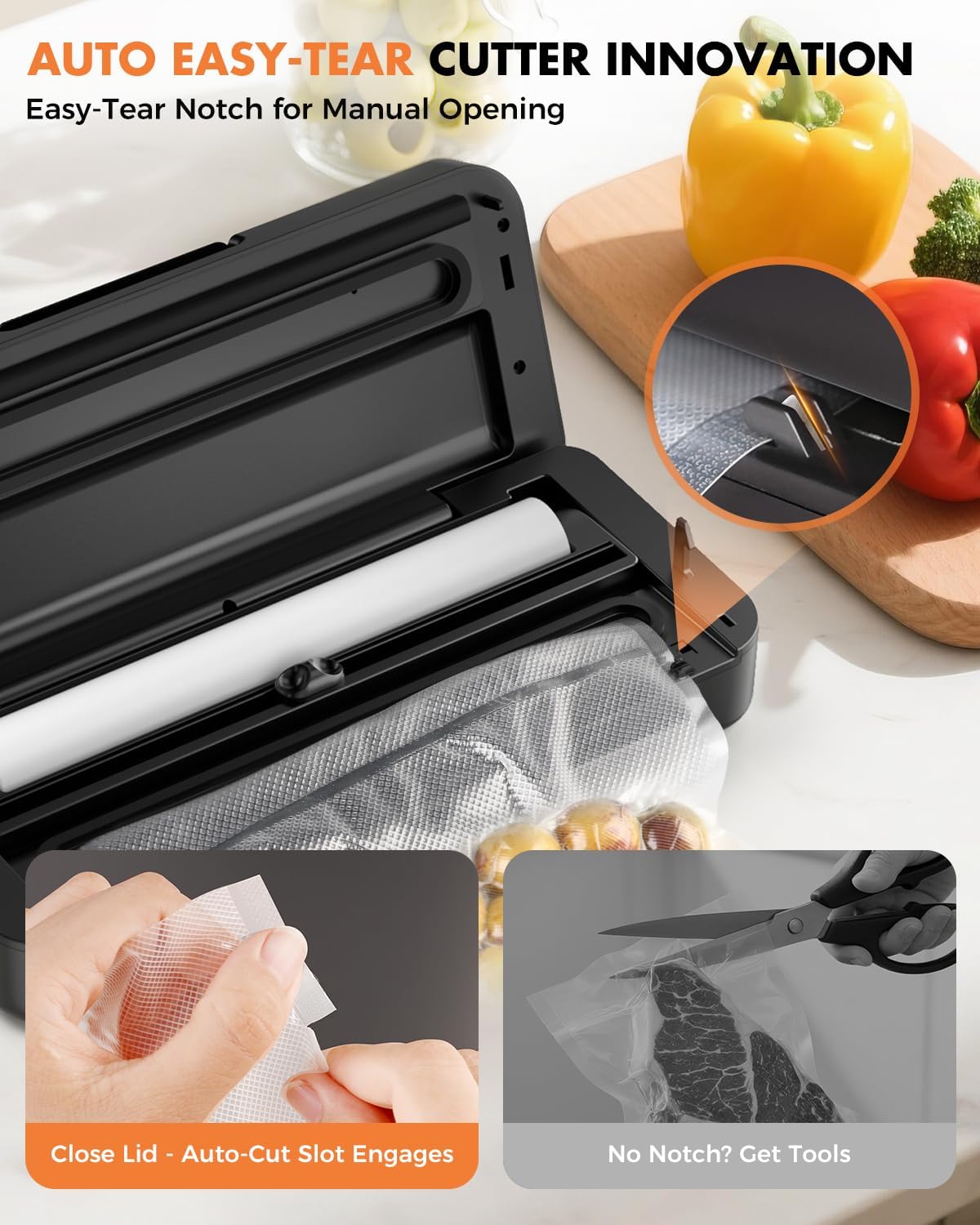 Vacuum Sealer for Food, Food Saver, 95kPa, Easy Tear Cutter, 9-in-1