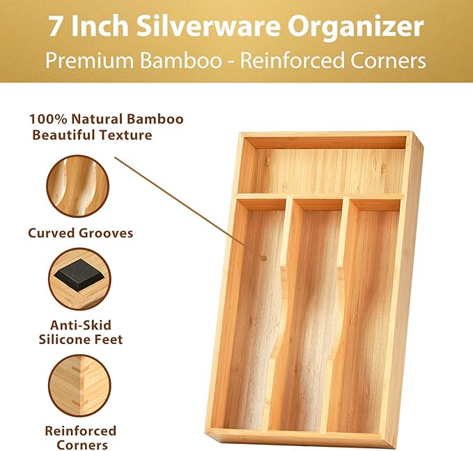 Umilife Bamboo Kitchen Drawer Organizer, 7 Inch Silverware Utensils Tray Holder - Image 2