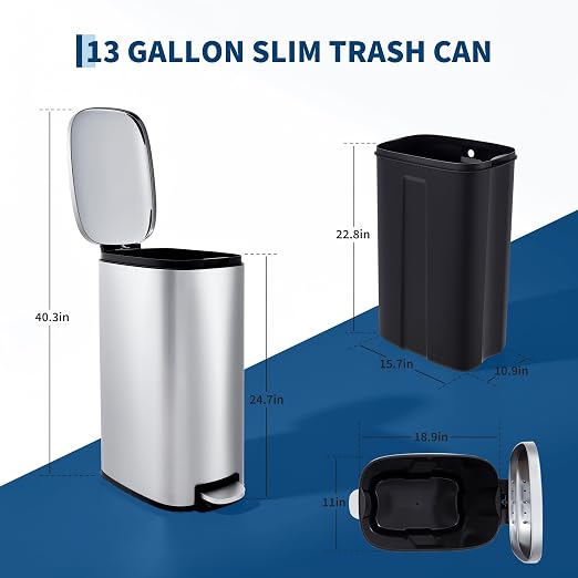 Garvee 13 Gallon Slim Kitchen Trash Can, Narrow Stainless Steel Step-On Pedal - Image 3