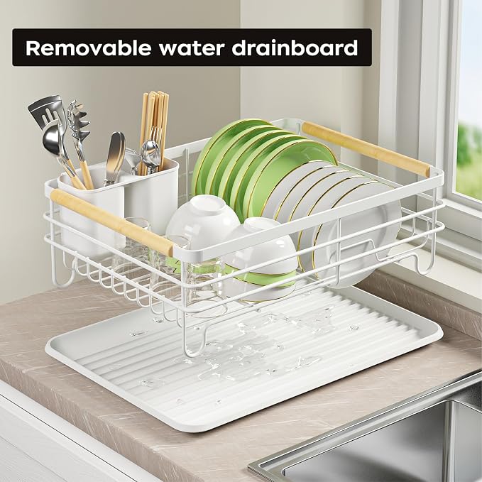 Dish Racks for Kitchen Counter: Wooden Handles, Thickened Metal, No Assembly. - Image 4