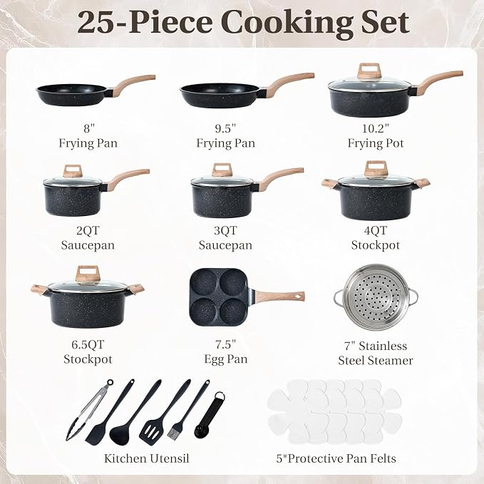 NEWBULIG 25-Piece Nonstick Cookware Set, Granite Pots and Pans - Image 2