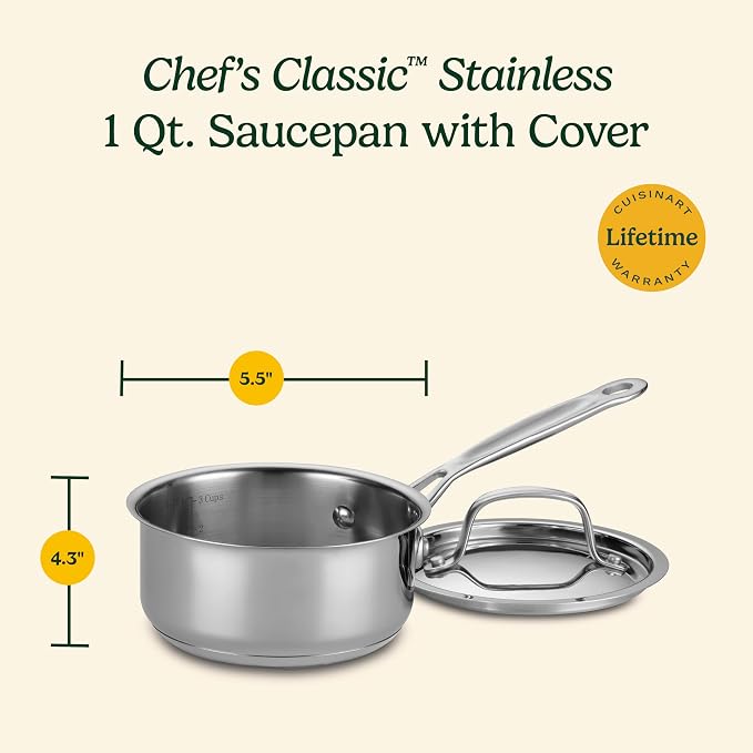 Cuisinart 1 Quart Saucepan w/Cover, Chef's Classic Stainless Steel Cookware - Image 3