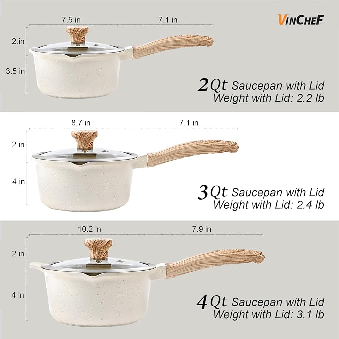 VINCHEF Sauce Pan Set with Lid 10PCS, 3 White Non Stick Cooking Pots Induction - Image 6