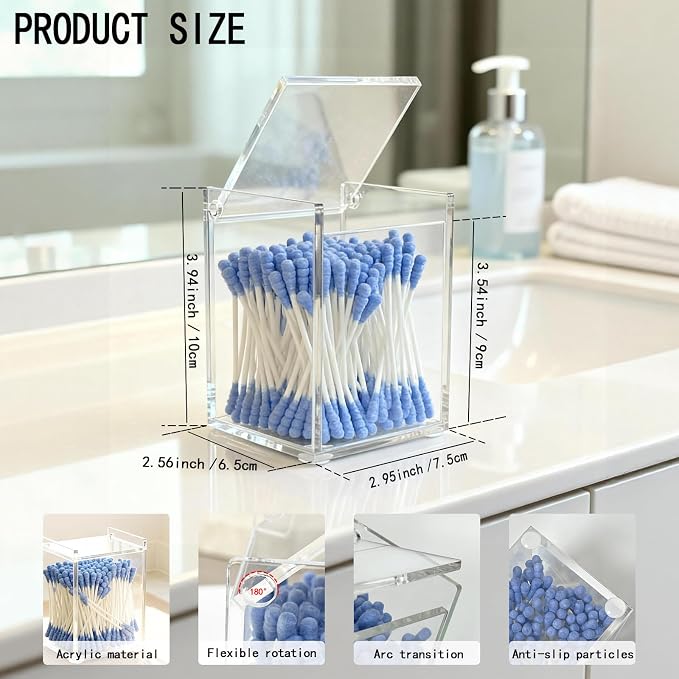 Clear Acrylic Qtip Holder with Lid, Cotton Balls Swab Organizer, 2.95" x 2.56" - Image 2