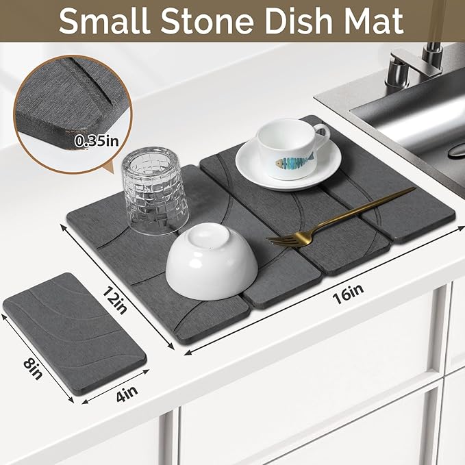 Small Stone Dish Drying Mat for Kitchen Counter, Foldable Water Absorbing - Image 2