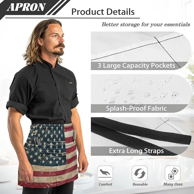 Server Apron with 3 Pockets, Waterproof Oil Waitress Waiter Half Apron - Image 7