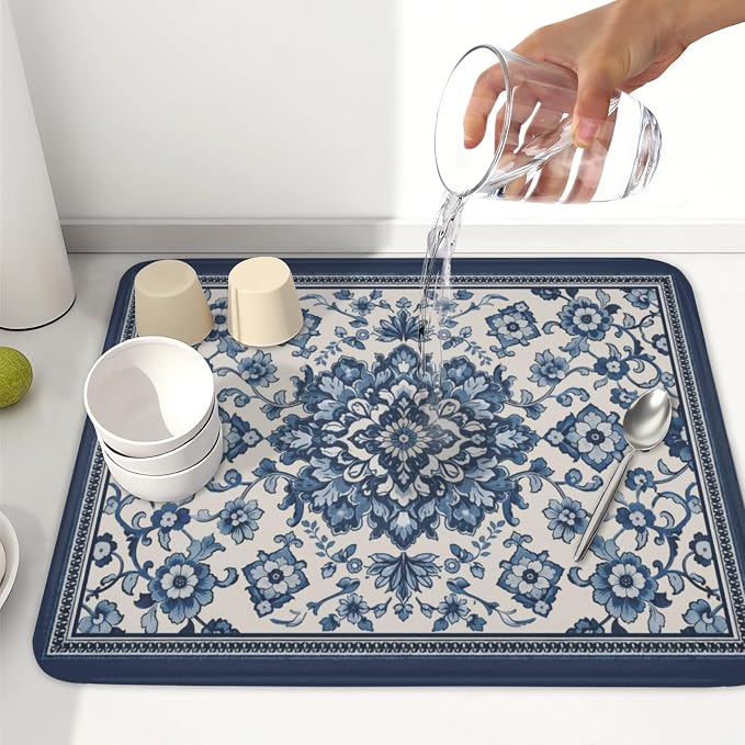 Blue Floral Dish Drying Mat for Kitchen Counter Vintage Flower Pattern - Image 6