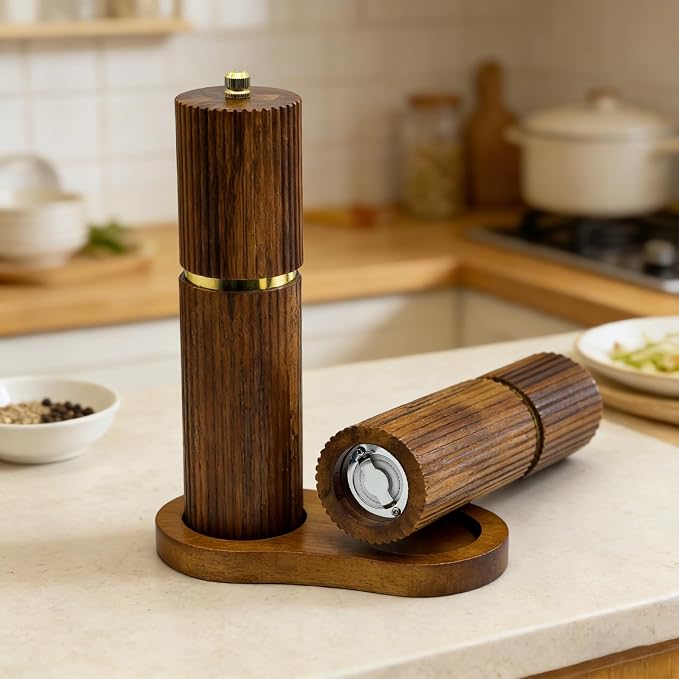 8 Inch Wooden Salt and Pepper Grinder Set, Adjustable Coarseness, Acacia Wood - Image 7