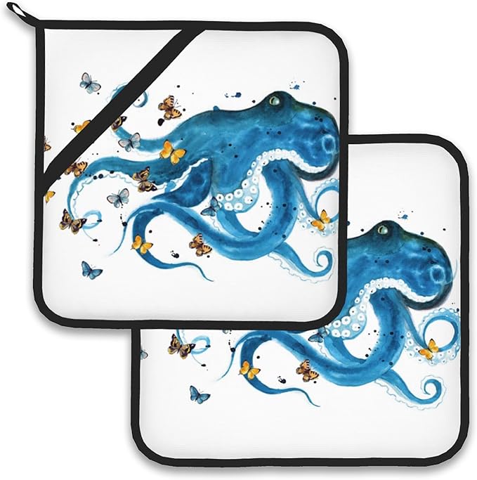 Blue Octopus Butterfly Pot Holder Set of 2, Heat Resistant Potholders Oven Hot by Larkverk