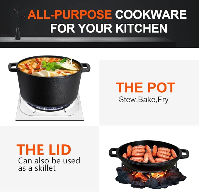 Overmont 2-in-1 Cast Iron Dutch Oven - 5QT Pre-Seasoned All-in-One Casserole - Image 6