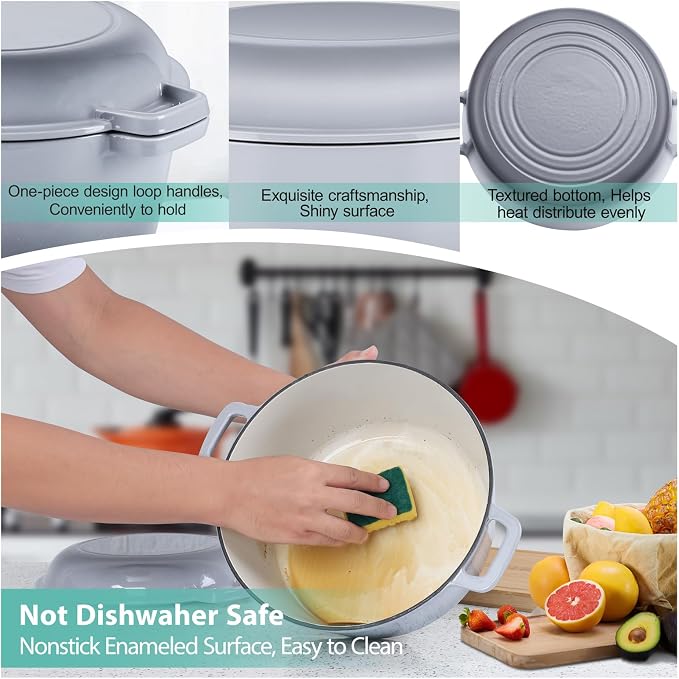 TeamFar 5 Quart Enameled Cast Iron Dutch Oven, 2-In-1 Dutch Oven Pot Cookware - Image 4