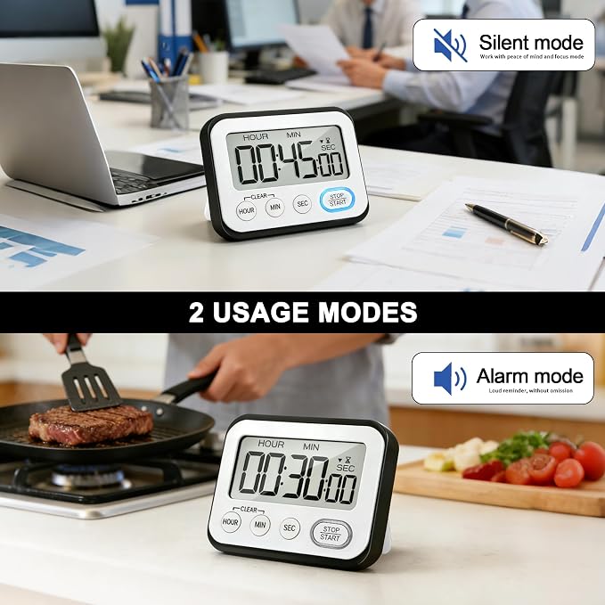 Digital Kitchen Timer Magnetic Loud Alarm, Large LCD Screen Silent/Beeping - Image 5