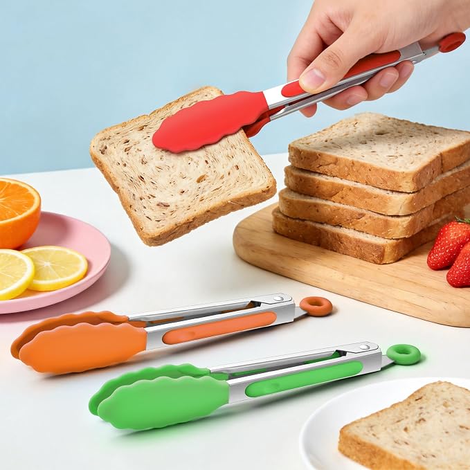 7-Inch Silicone Tongs Pack of 6, Small Stainless Steel Tongs - Image 2