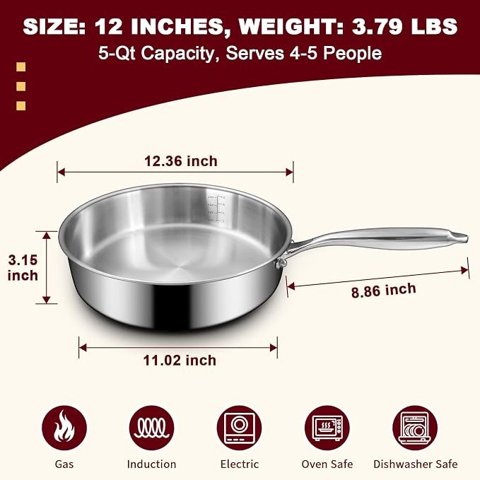 EWFEN 12 Inch Tri-Ply Stainless Steel Frying Pan, Compatible - Image 3