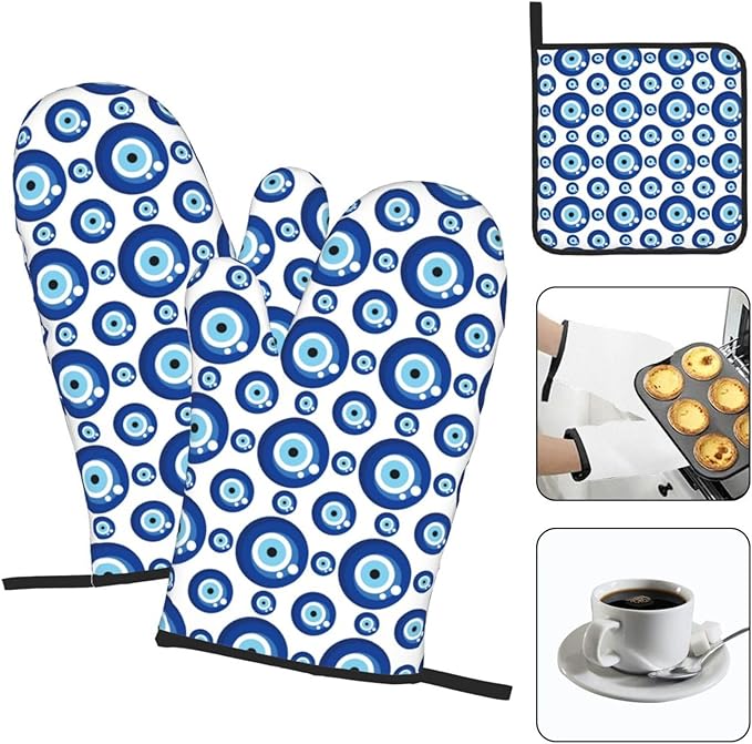 Blue Evil Eyes Oven Mitts and Pot Holders Sets of 3 Funny Hot Pads Heat - Image 3