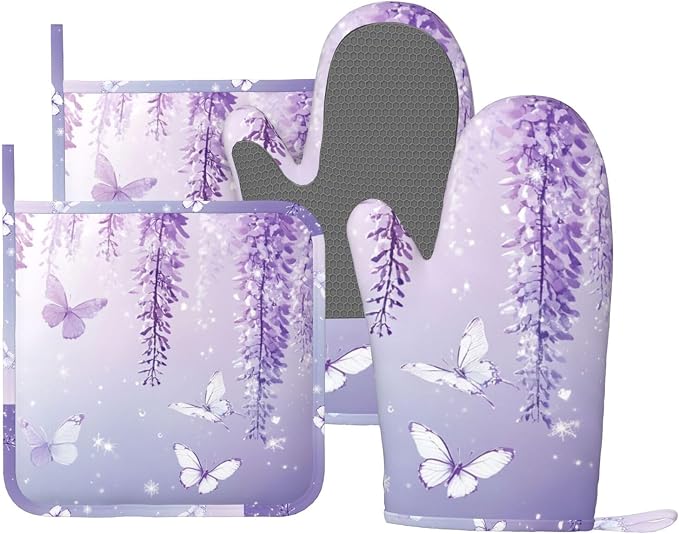 Oven Mitts and Pot Holders Lavender Butterfly Light Purple Flower Silicone by DADABULIU