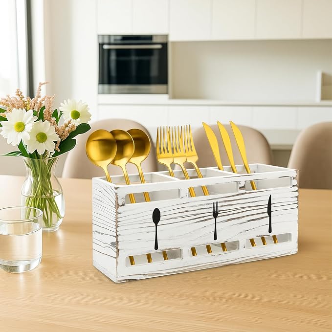 Farmhouse Wooden Utensil Caddy Party Cutlery Silverware Holder Small Wood - Image 4