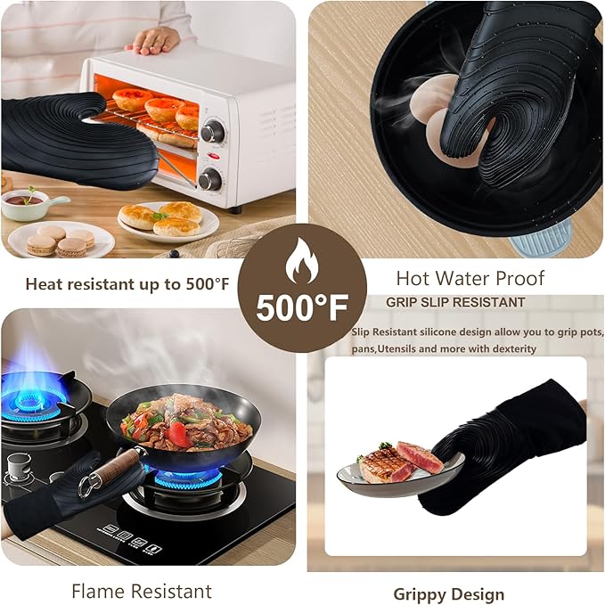 Silicone Oven Mitts-13.6 in Extended Oven Mitts Heat Resistant 500F, Oven Gloves - Image 4