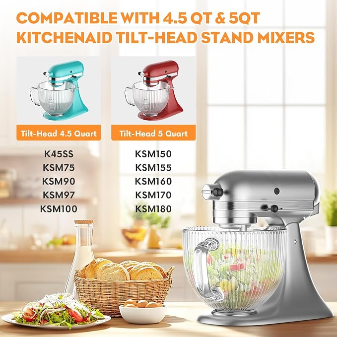 Cofun Glass Mixer Bowl for Kitchenaid Tilt-Head Stand Mixers 4.5-5 Quart - Image 3
