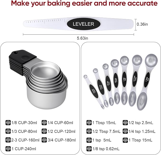 Magnetic Measuring Cups & Spoons Set|304 Stainless Steel Dual Scale Set of 15 - Image 7