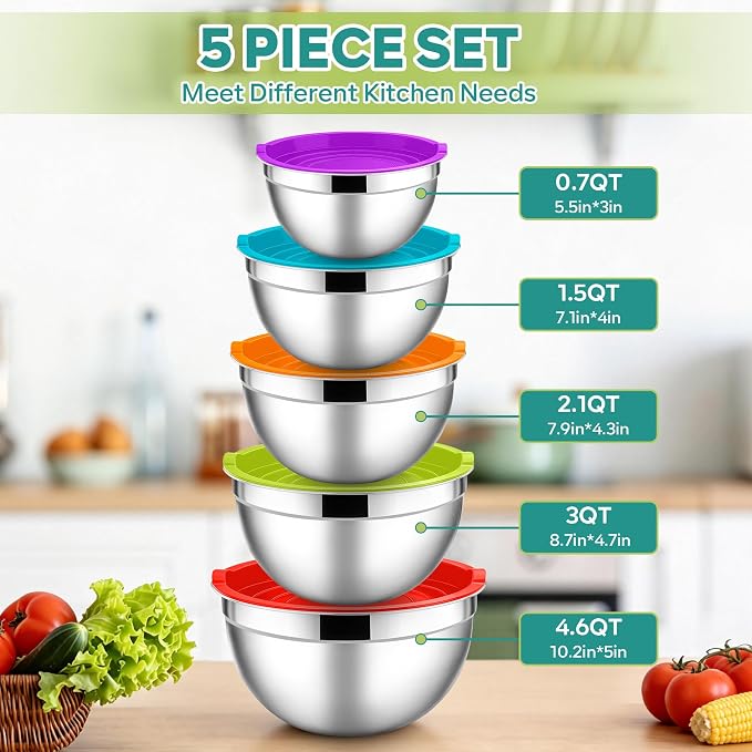 E-far Mixing Bowls With Lids Sets of 5, 10-Piece Stainless Steel Salad Metal - Image 2