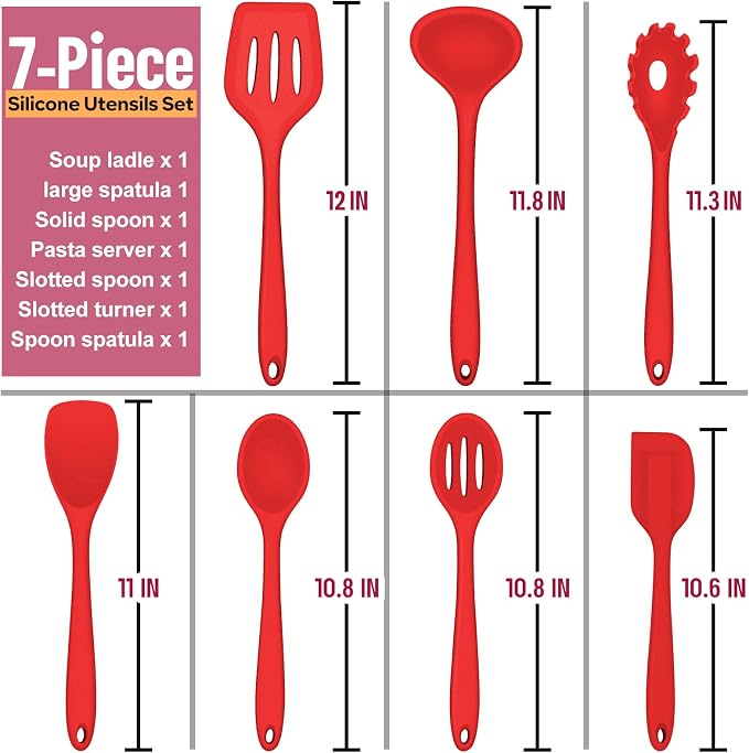 Silicone Cooking Utensils Set, E-far 7-Piece Red Heat Resistant Kitchen - Image 4