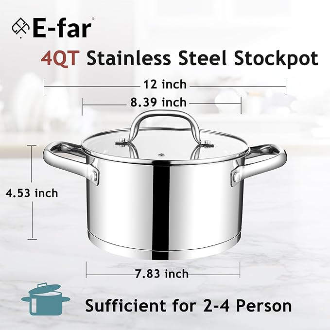 E-far 4 Quart Stock Pot with Lid, Stainless Steel Stockpot - Image 2