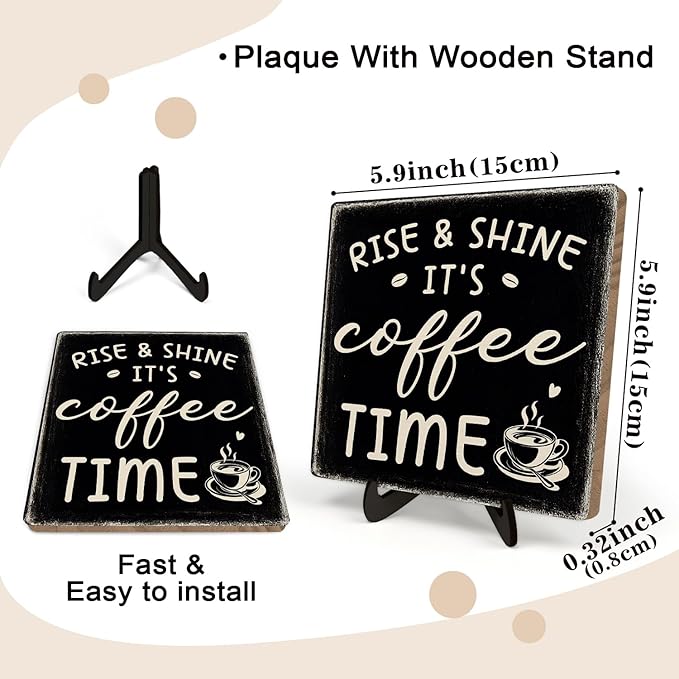 Farmhouse Coffee Bar Sign, Rise & Shine It's Coffee Time Desk Wooden Sign - Image 2