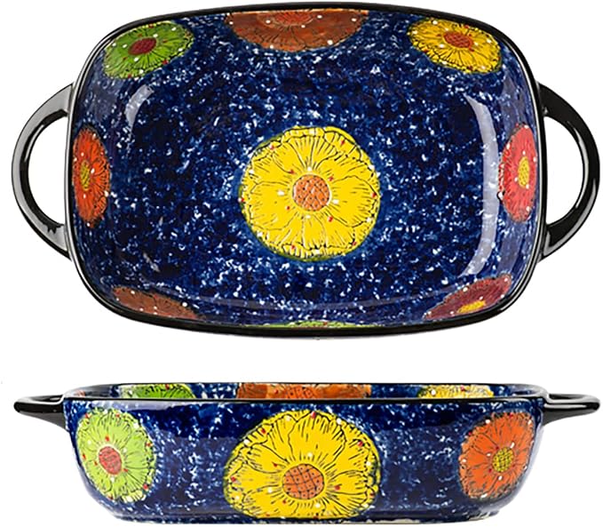 Vintage Style Pottery Bakeware Colorful Daisy Pattern Ceramic Casserole Dish by Bicuzat