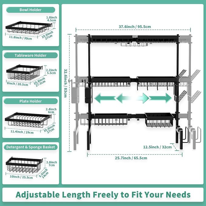 Over The Sink Dish Drying Rack, Expandable Length 3-Tier Large Stainless Steel - Image 4