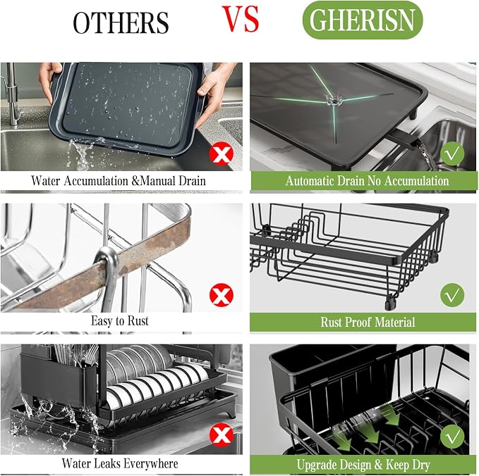 Dish Drainer Rack with Drip Tray, Sink Dish Drainer with Drainage Spout - Image 3