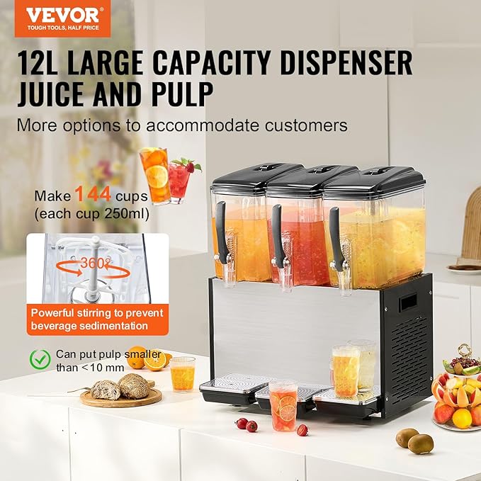 VEVOR Commercial Beverage Dispenser, 3 Tanks 12 L / 12.7 QT Per Tank Juice - Image 2