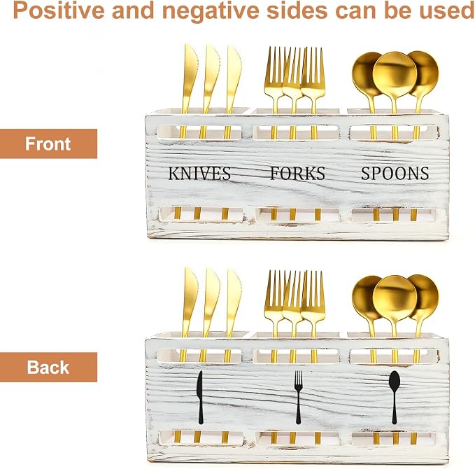 Farmhouse Wooden Utensil Caddy Party Cutlery Silverware Holder Small Wood - Image 5