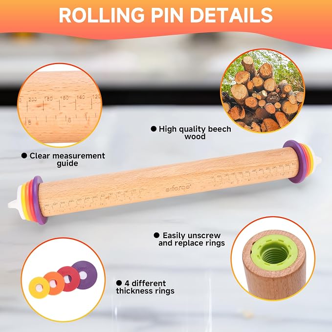 Wooden Rolling Pin with Thickness Rings and Pastry Baking Mat, Pie Crusts - Image 7