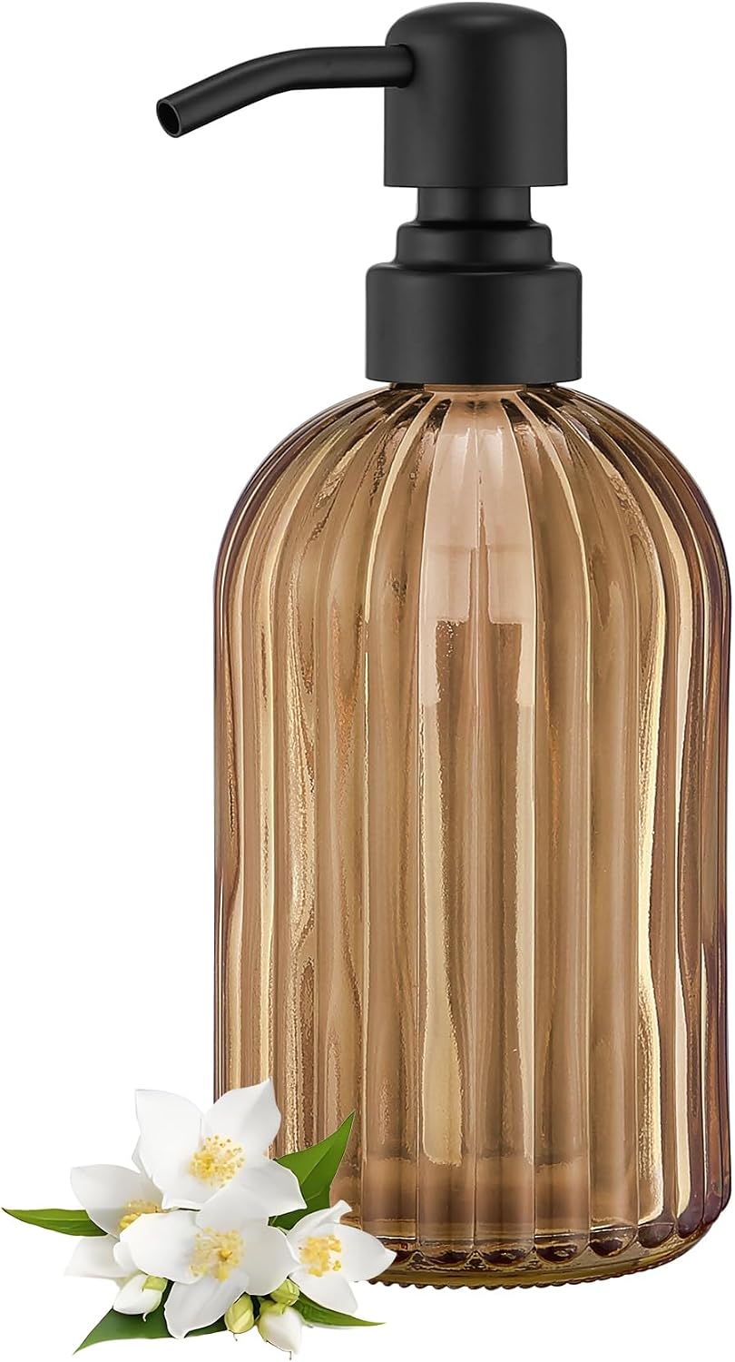 16 OZ Amber Glass Soap Dispenser, Amber Stripe Bathroom Hand Soap