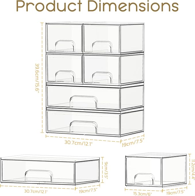 Criusia Stackable Storage Drawers, 6 Pack Clear Plastic Makeup & Bathroom - Image 2