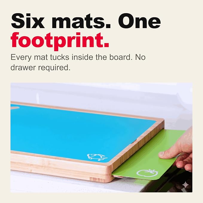 Bamboo Cutting Board Set with 6 Color Coded Mats with Food Icons, BPA-Free Non - Image 3