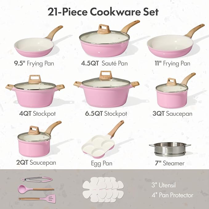 CAROTE 21 PCS Ceramic Cookware Set, Pots and Pans Set Non Stick, Pot and Pan Set - Image 2