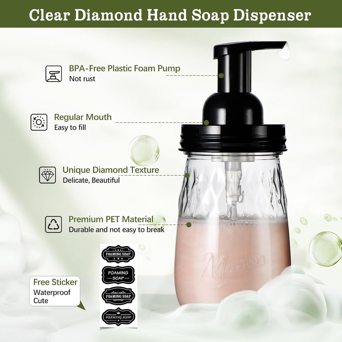 Amolliar 16Oz Foaming Soap Dispenser with Pump Lid, Plastic Refillable