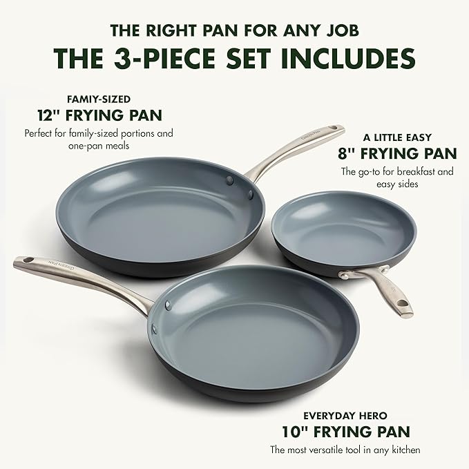 GreenPan Lima Hard Anodized 8" 10" & 12" Frying Pan Skillet Set, Ceramic - Image 3