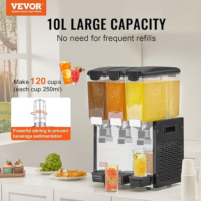 VEVOR Commercial Beverage Dispenser, 3 Tanks 10 L / 10.6 QT Per Tank Juice - Image 2
