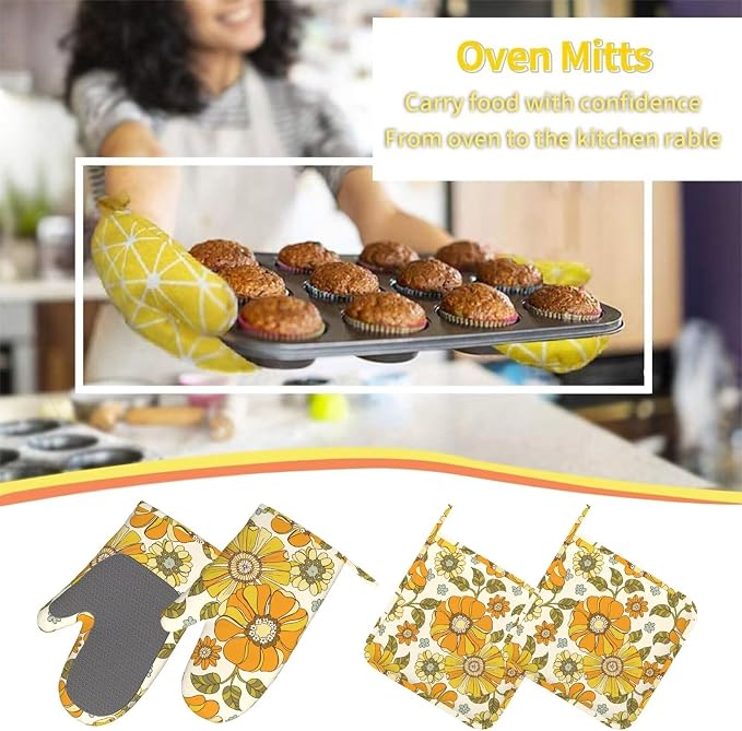 Retro 70s Style Flower Oven Mitts Pot Holders Cooking Apron Set of 5 Silicone - Image 7