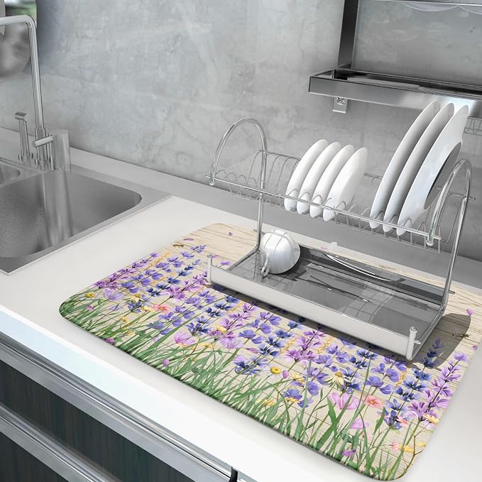 Lavender Floral Dish Drying Mat 18x24 inch Spring Summer Flower Decorative Fast - Image 5