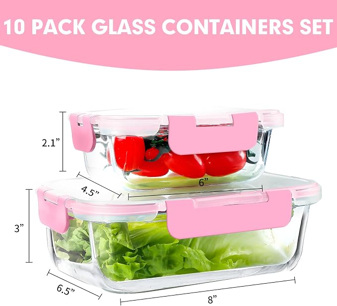 VERONES 10Pack Glass Meal Prep Containers, Airtight Glass Lunch Containers - Image 2