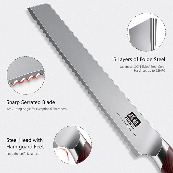 SHAN ZU Bread Knife 8 Inch, Japanese High Carbon 10Cr15Mov Stainless Steel Cake - Image 3