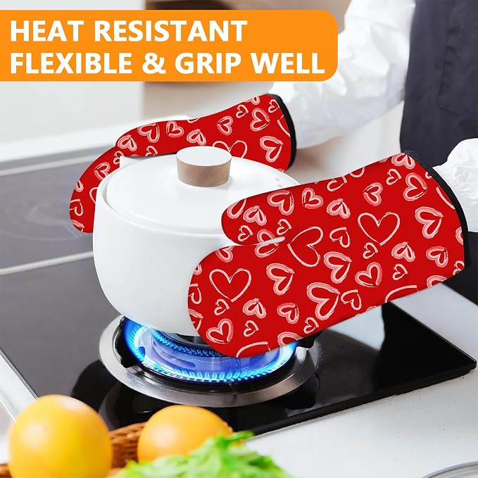 White Love Hearts Oven Mitts and Pot Holders Sets 4Pcs, Extra Long Oven Gloves - Image 6